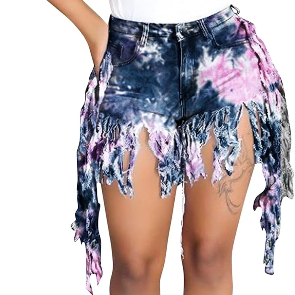 Tie-Dye Fringed Denim Shorts Beyonce Concert Outfit